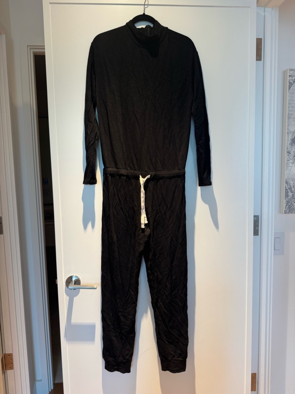 Monrow Black Long-Sleeve Turtleneck Jumpsuit with Drawstring